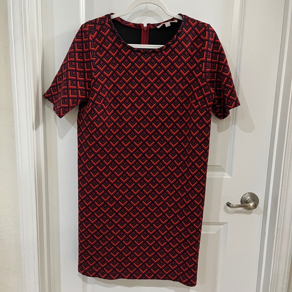 Ann Taylor LOFT Red Geometric Diamond Print Short Sleeve Shift Dress Large